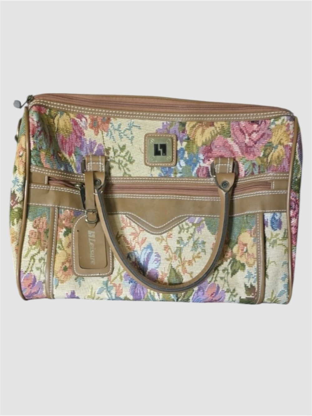 Vintage 80s Leisure Luggage Tapestry Floral & Tan Faux Leather Trim Duffle Bag